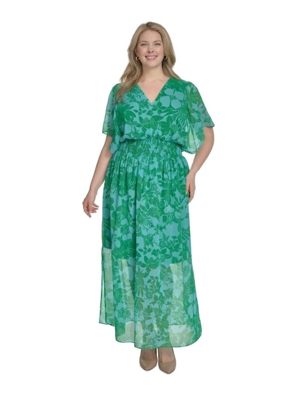 Jessica Howard Green Floral Chiffon Maxi Dress 14W Smocked Waist V-Neck Short
